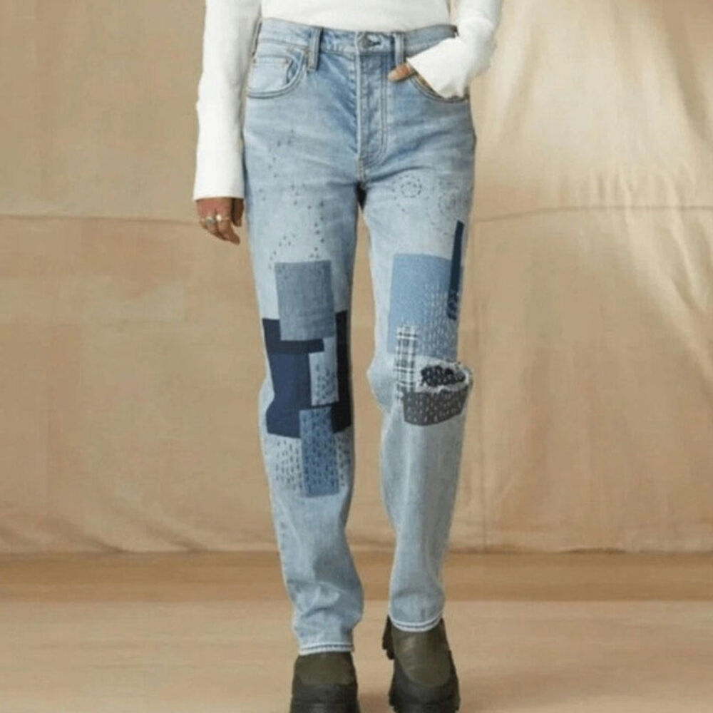 Sundance Avalee Patchwork Straight Leg Jeans High Rise Blue Denim 27 Boho